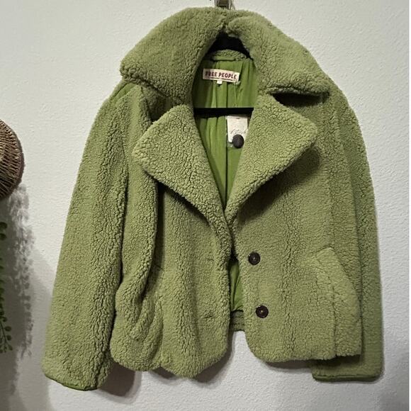 NEW Y2K Free People Joplin Cozy Sherpa Faux Fur Jacket Pistachio Green $198 - Picture 11 of 11